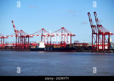 gru al terminal dei container liverpool 2 carico freeport scarico msc sandra nave container liverpool inghilterra uk Foto Stock