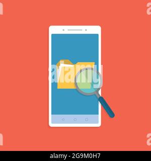 Telefono con ricerca di cartelle e sincronizzazione dei dati. Dispositivo touchscreen con cartelle diverse. Illustrazione Vettoriale
