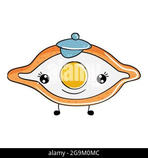 Carino kawaii khachapuri su sfondo bianco. Illustrazione vettoriale. Illustrazione Vettoriale