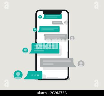 Sul display dello smartphone vengono visualizzati i messaggi di testo di conversazione testuale. Illustrazione Vettoriale