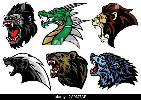 Animali selvatici Set di teste. Leone, Orso, Gorilla, Drago, Miele Badger Vector Esport Mascot Logo icona Design Avatar Illustrazione Illustrazione Vettoriale