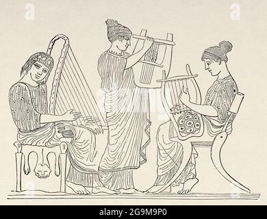 Concerto di musica rappresentato in un vaso greco, Grecia. Europa. Antica illustrazione del 19 ° secolo inciso da El Mundo Ilustrado 1879 Foto Stock