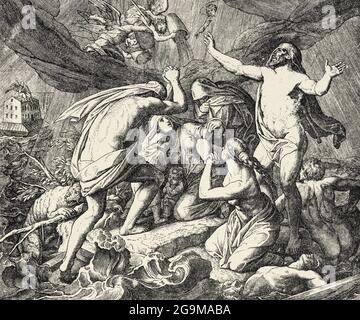 Genesi. La grande alluvione, Arca Noe. L'acqua ha cominciato a cadere. È caduto dal cielo come quando si versava acqua da un secchio. Noè aveva ragione, nessun altro poteva entrare nell'arca. Il Signore Dio aveva chiuso bene la porta. Storia biblica sacra Antico Testamento. Vecchia incisione dal libro Historia Sagrada 1920 Juan Lagui Lliteras Foto Stock