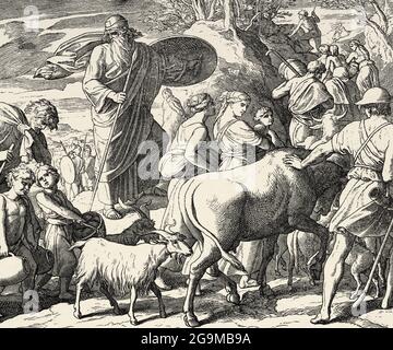 Mattathias fugge con il suo popolo. Mattathias va alle montagne lontano da Antiochus. Maccabees libro. Storia biblica sacra Antico Testamento. Vecchia incisione dal libro Historia Sagrada 1920 Juan Lagui Lliteras Foto Stock