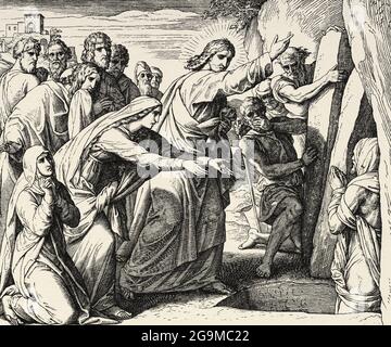 La rinascita di Lazzaro. Nostro signore Gesù risuscitò Lazzaro morto quattro giorni fa. Libro di Giovanni, storia biblica sacra del nuovo Testamento. Vecchia incisione dal libro Historia Sagrada 1920 Juan Lagui Lliteras Foto Stock