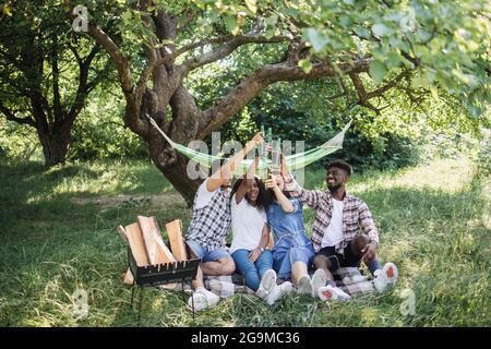 Due donne e due uomini sorridenti, chiacchierando e bevendo durante il picnic estivo all'aperto. Amici internazionali seduti sull'erba e tostando con bottiglie di birra. Foto Stock