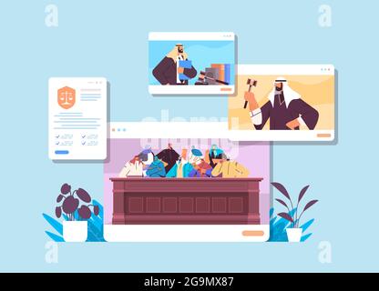 processo di legge con giudice sospetto giuria e avvocato o avvocato in web browser windows online sessione di tribunale concetto Illustrazione Vettoriale
