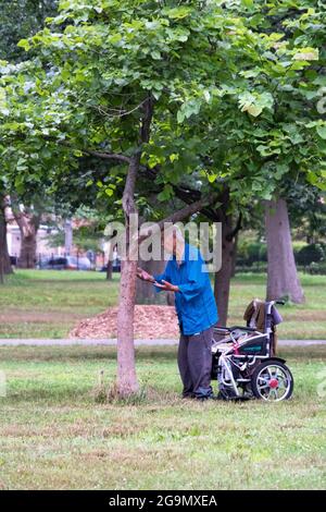 Un uomo di 86 anni fa Falun Gong esercizi lenti vicino ad un albero. A Queens, New York, un posto molto diverso. Foto Stock