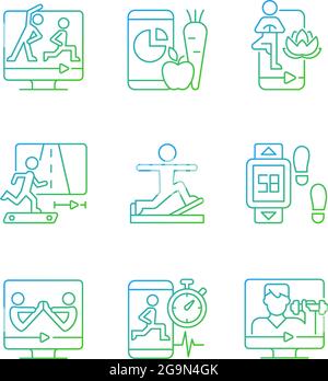 Classi di fitness online Gradient Linear Vector Icons set. Illustrazione Vettoriale