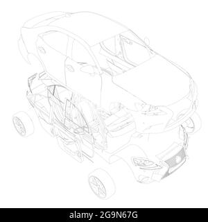 Profilo della macchina smontato in parti isolate su sfondo bianco. Le parti della macchina sono separate l'una dall'altra. Vista isometrica. Illustrazione vettoriale Illustrazione Vettoriale
