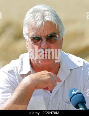 Seltz, Germania. 27 luglio 2021. Detlef Kurreck, presidente dell'Associazione degli agricoltori del Mecklenburg-Vorpommern, parla in un campo di grano maturo presso l'azienda agricola Cord Müller-Scheeßel durante la tradizionale conferenza stampa sulla raccolta dell'associazione degli agricoltori statali. Gli agricoltori del Meclemburgo-Pomerania occidentale si aspettano quest'estate un raccolto medio di cereali e colza. Credit: Bernd Wüstneck/dpa-Zentralbild/dpa/Alamy Live News Foto Stock