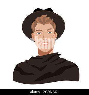 Uomo elegante con cappello e cappotto nero. Uomo alla moda sorridente. Ritratto maschile in stile cartoon piano. Avatar ragazzo di media età isolato su sfondo bianco Illustrazione Vettoriale