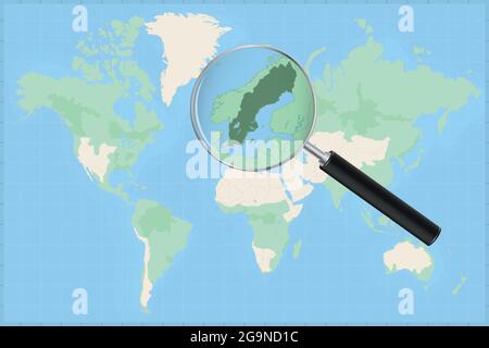 Mappa del mondo con una lente d'ingrandimento su una mappa della Svezia Mappa dettagliata della Svezia e dei paesi vicini in una lente d'ingrandimento. Illustrazione Vettoriale
