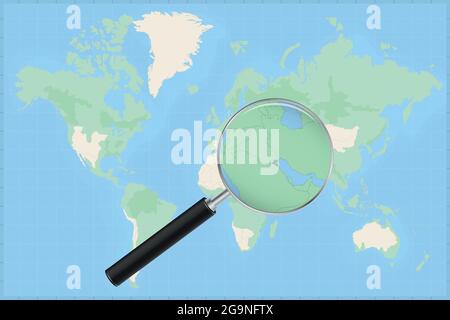 Mappa del mondo con una lente d'ingrandimento su una mappa del Kuwait Mappa dettagliata del Kuwait e dei paesi vicini nella lente d'ingrandimento. Illustrazione Vettoriale