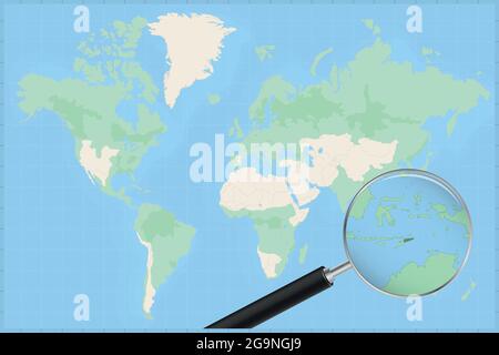 Mappa del mondo con una lente d'ingrandimento su una mappa di Timor orientale Mappa dettagliata di Timor orientale e dei paesi vicini in una lente d'ingrandimento. Illustrazione Vettoriale