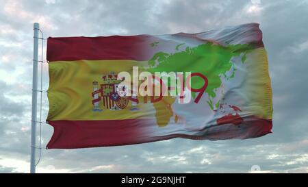 Codice-19 segno sulla bandiera nazionale della Spagna. Concetto di coronavirus. rendering 3d Foto Stock