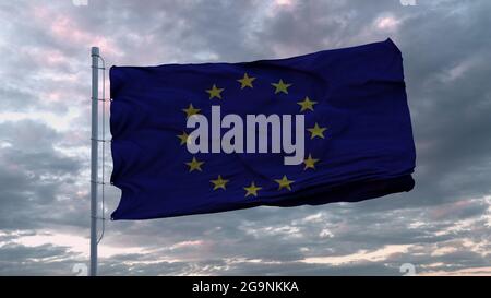 Sventolare la bandiera dell'Unione europea al vento al cielo del tramonto. rendering 3d Foto Stock