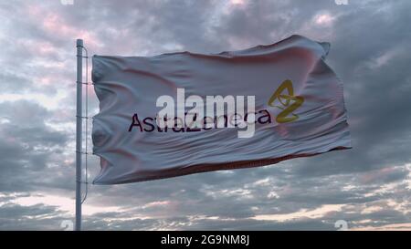 Bandiera di AstraZeneca segno ondeggiante nel vento. rendering 3d Foto Stock