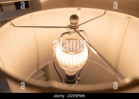 Primo piano di una lampadina a LED ad alto wattaggio, progettata per sostituire una lampadina a incandescenza da 250 watt, in una lampada in una stanza domestica, Lafayette, California, 12 giugno 2021. (Foto di Smith Collection/Gado/Sipa USA) Foto Stock