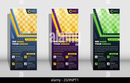 Gradiente giallo costruzione verticale roll up o stativo banner xbanner premium template vettoriale su sfondo bianco Illustrazione Vettoriale