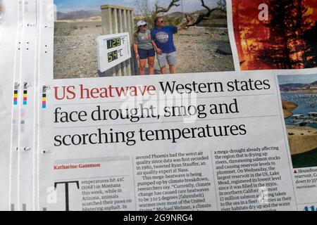 "L'ondata di caldo STATUNITENSE gli stati occidentali affrontano la siccità, lo smog e le temperature brucianti" giornale Guardian che taglia i titoli 18 giugno 2021 Londra Inghilterra UK Foto Stock