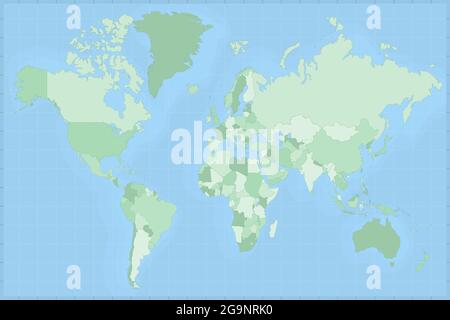 Mappa dettagliata del mondo in tonalità verdi. Mappa mondo vettoriale. Illustrazione Vettoriale