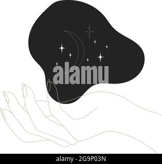 Spazio di tenuta per le mani Line ART. Logo magico disegnato a mano. Concetto di magia rituale. Illustrazione Vettoriale