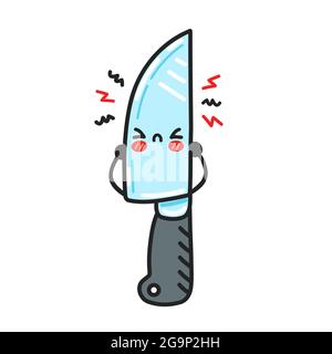 Carino triste divertente cucina chef coltello carattere. Icona di illustrazione del carattere kawaii del fumetto piatto vettoriale. Isolato su sfondo bianco. Chef cucina coltello cartone animato concetto di carattere Illustrazione Vettoriale