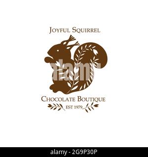 Design con logo di Chocolate Boutique prefabbricato. Gioioso scoiattolo. Colori bianco e nero. Sfondo isolato. Profilo con timbro disegnato a mano. Arredamento in casa colonica Illustrazione Vettoriale
