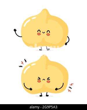 Carino divertente triste e felice chickpea personaggio fagiolo. Icona di illustrazione del carattere kawaii del fumetto piatto vettoriale. Isolato su sfondo bianco. Ceci pisello, concetto di personaggio cartoon fagiolo Illustrazione Vettoriale