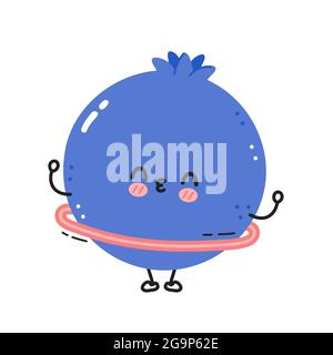 Carino divertente mirtillo rendere palestra con hula hoop. Icona di illustrazione del carattere kawaii della cartoon vettoriale a linea piatta. Isolato su sfondo bianco. Concetto di carattere di workout di mirtillo Illustrazione Vettoriale