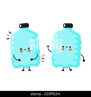 Simpatico sorriso felice divertente e triste personaggio bottiglia di plastica. Illustrazione dell'adesivo del carattere cartoon vettoriale. Divertente bottiglia di plastica felice cartone animato concetto di carattere. Isolato su sfondo bianco Illustrazione Vettoriale