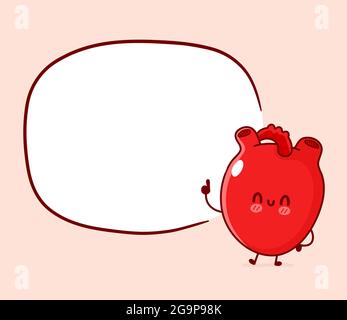 Carino divertente organo cuore umano con casella di testo. Vettoriale linea piatta doodle cartoon kawaii personaggio illustrazione. Organo cuore umano, anatomia cartone animato mascotte concetto di carattere Illustrazione Vettoriale