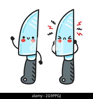 Carino triste e felice cucina divertente chef coltello carattere. Icona di illustrazione del carattere kawaii del fumetto piatto vettoriale. Isolato su sfondo bianco. Chef cucina coltello cartone animato concetto di carattere Illustrazione Vettoriale