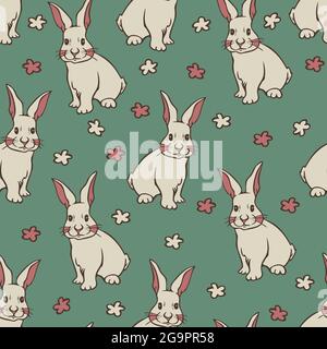 Modello vettoriale senza giunture con adorabile coniglio con guance rosa. Design con simpatico coniglietto e fiori su sfondo verde. Illustrazione Vettoriale