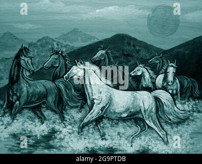 Dipinto ad olio di cavalli da corsa, la vista dell'alba del mattino e le montagne Foto Stock