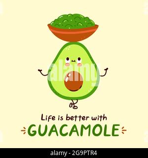 Carino avocado felice tenere guacamole salsa carattere ciotola. Vettore disegno a mano cartoon kawaii personaggio illustrazione. Isolato su sfondo bianco. Acocado e salsa guacamole DIP cartone animato concetto di carattere Illustrazione Vettoriale