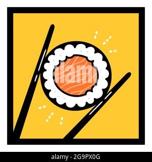 Bastoncini di pollo che tengono il sushi roll. Vettore mano disegnata cartoon doodle illustrazione logo vintage icona. Rotolo di sushi maki con salmone, chopsticks, concetto del logo del ristorante di cibo asiatico Illustrazione Vettoriale