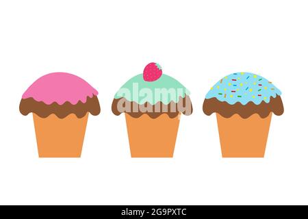 Set di muffin con glassa colorata e bacche su sfondo isolato. Tempo del tè. Dessert. Elementi di progettazione. Cibo malsano. Vettore. Illustrazione Vettoriale