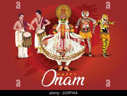 sud indiano Kerala festival Happy onam saluti sfondo. Disegno illustrazione vettoriale Illustrazione Vettoriale