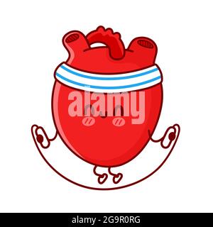 Carino divertente organo cuore fare palestra con corda di salto. Icona di illustrazione del carattere kawaii della cartoon vettoriale a linea piatta. Isolato su sfondo bianco. Cuore organo allenamento, sport, fitness concetto di carattere Illustrazione Vettoriale