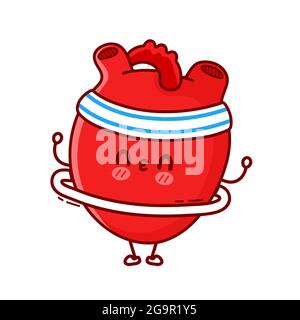 Carino divertente organo cuore fare palestra con hula hoop. Icona di illustrazione del carattere kawaii della cartoon vettoriale a linea piatta. Isolato su sfondo bianco. Concetto di cuore organo di carattere di allenamento Illustrazione Vettoriale