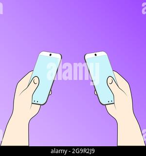 Mani vettoriali piatte con telefoni. Mani che tengono telefoni con schermi vuoti.Vector Illustrazione Vettoriale