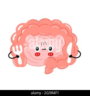 Simpatico simpatico personaggio dell'organo intestinale con coltello e forchetta. Icona raffigurante il carattere kawaii del fumetto disegnato a mano del vettore. Isolato su sfondo bianco. Organo intestinale umano, concetto di carattere cartoon Illustrazione Vettoriale