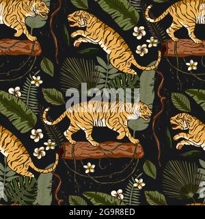 Esotico animale tropicale selvaggio tigre modello senza cuciture con foglie di palma monstera. Fauna selvatica natura giungla arte su uno sfondo nero. Illustrazione della stampa dello zoo Tropic. Capodanno Natale 2022. Illustrazione Vettoriale