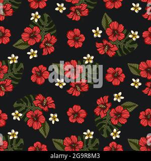 Rosso tropicale hibiscus fiore senza cuciture motivo. Natura arte estiva su sfondo nero. Elegance pianta vettore hawaii illustrazione. Illustrazione Vettoriale