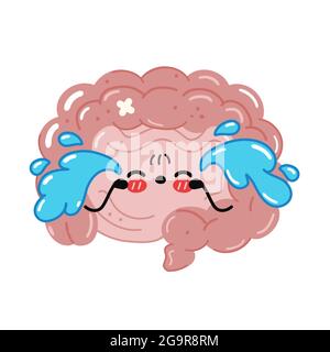 Carino divertente triste grido malato intestino organo carattere. Icona raffigurante il carattere kawaii del fumetto disegnato a mano del vettore. Isolato su sfondo bianco. Intestino umano organo malsano, concetto di carattere cartoon Illustrazione Vettoriale