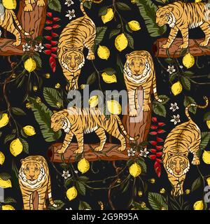 Esotico animale tropicale selvaggio tigre modello senza giunture. Fauna selvatica natura giungla arte su uno sfondo nero. Illustrazione della stampa dello zoo Tropic. Illustrazione Vettoriale