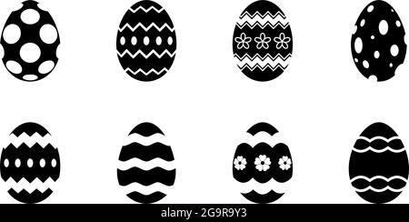 Vettore dell'uovo di Pasqua impostato su sfondo bianco isolato. Ogni uovo in una forma unita nera. Colore modificabile. Illustrazione Vettoriale