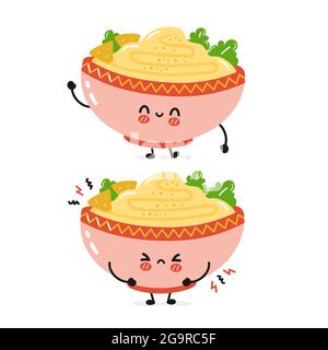 Carino divertente triste e felice tradizionale hummus ciotola carattere. Icona di illustrazione del carattere kawaii del fumetto piatto vettoriale. Isolato su sfondo bianco. Ciotola hummus, concetto di cartone animato cibo arabico Illustrazione Vettoriale